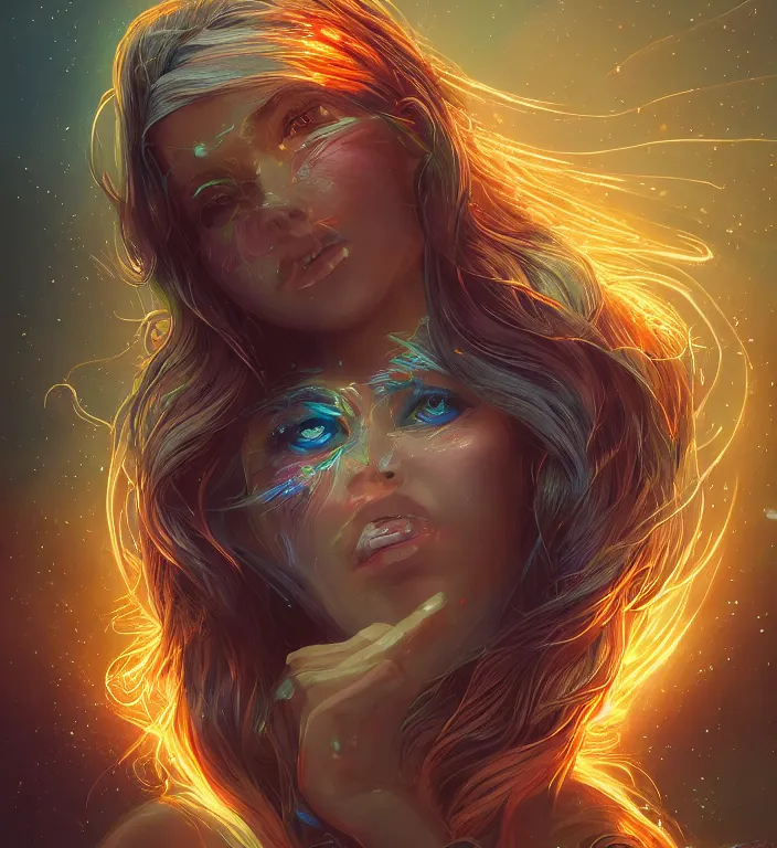 Image similar to centered waist up portrait photography an angel + eyes everywhere + glowing linework, dissolve to energy particles of light + bokeh + strong DOF + 8k, photorealistic + composition by Peter Mohrbacher + line work by Dan Mumford , ultra realistic + backlit + strong rimlight, sunset + HDRI, HD, Photoreal