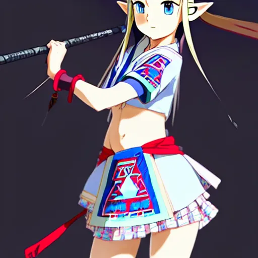 Image similar to a beautiful boyish zelda alluring gravure model, wearing japanese school girl outfit with mayan pattern and native style, modern aztec street fashion, perfect anime face, gapmoe yandere grimdark, trending on pixiv fanbox, painted by greg rutkowski makoto shinkai takashi takeuchi studio ghibli, akihiko yoshida