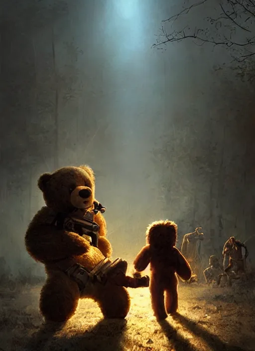 Image similar to a teddy bear fights off zombies to protect a crying child, portrait, dramatic lighting, cinematic, establishing shot, extremly high detail, photo realistic, foto realistic, cinematic lighting, post processed, concept art, artstation, matte painting, style by eddie mendoza, raphael lacoste, alex ross