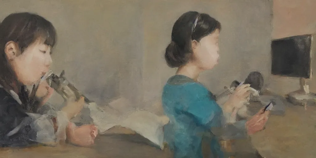 Image similar to Oil on canvas low angle of a Korean girl playing a clarinet with her nose, facing front. Sitting at her computer desk. Behind her is a tall mirror, with two small rainbows and a teddy bear beside the mirror