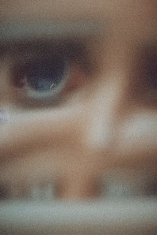 Image similar to kodak portra 4 0 0 photograph of a person looking out through their window, eyes, beautiful eyes, stunning eyes, close up, telephoto, faded effect, grain,