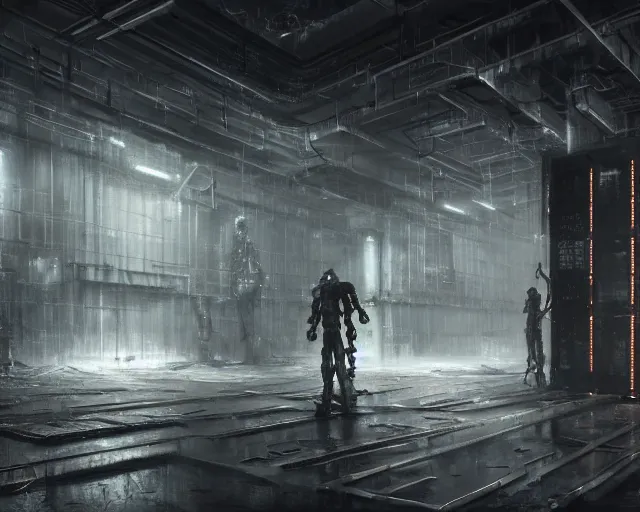 Image similar to gloomy ruined server room in datacenter robot automata rusty steel robot knight colossus welder pacing fixing mono eyed, sharp focus, emitting diodes, smoke, artillery, sparks, racks, motherboard, by pascal blanche rutkowski repin artstation hyperrealism painting concept art of detailed character design matte painting, 4 k resolution blade runner