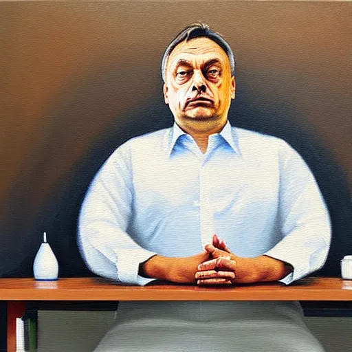 Image similar to viktor orban meditating in a cubicle, oil painting