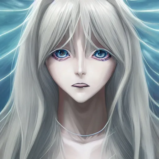 Prompt: stunningly beautiful anime goddess, porcelain skin, long white hair, symmetrical, overwhelming, 8 k