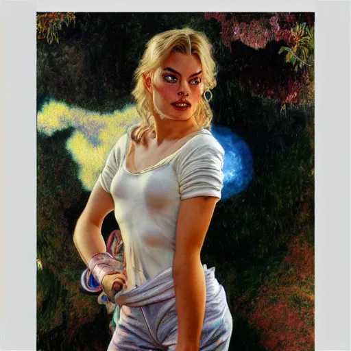 Prompt: Margot Robbie with bulging biceps and long pixie haircut in shorts and white shirt drawn by Donato Giancola and Jon Foster, frank frazetta, alphonse mucha, background by James Jean and gustav klimt, 4k, volumetric lighting, french nouveau, trending on artstation, hyperrealistic