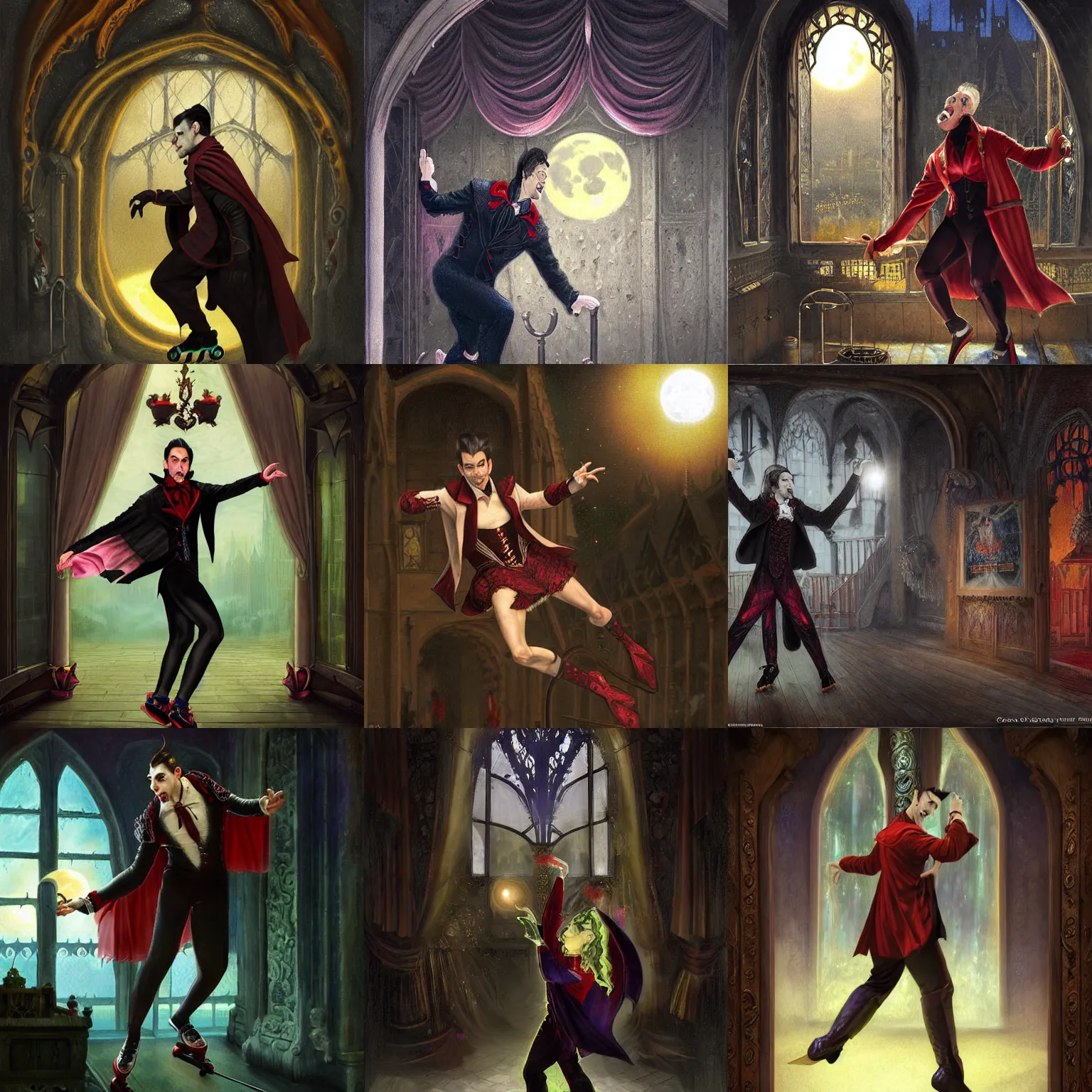 Prompt: attractive male dracula the vampire roller skating in a medieval style roller rink as a full moon shines through a window. highly detailed, sharp focus, digital painting, full body shot, intricate, hyper - realism, fantasy art style, very very very very detailed face, volumetric lighting, by gaston bussiere, craig mullins, j. c. leyendecker 8 k