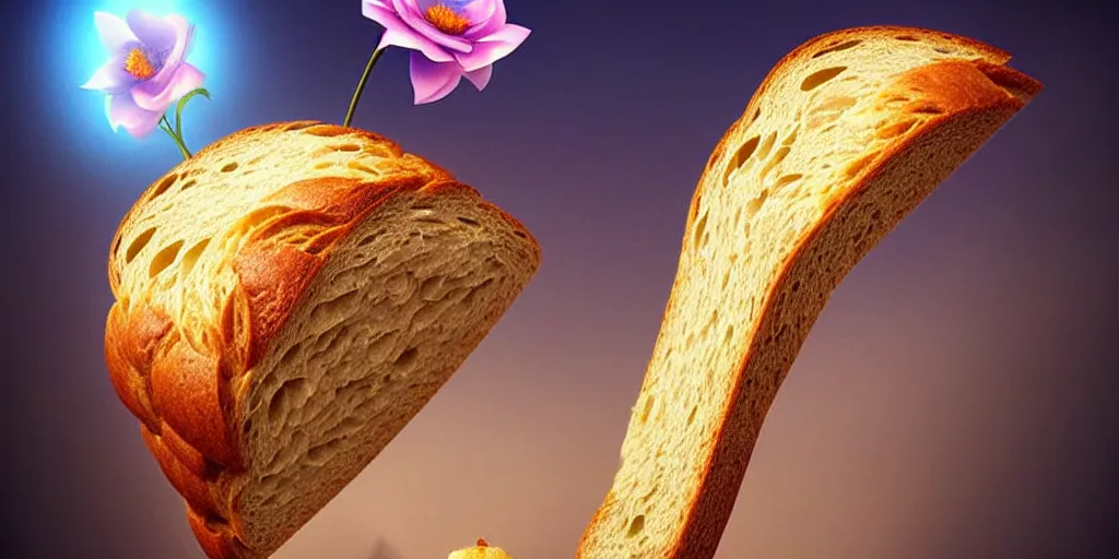 Image similar to epic professional digital art of a bread toast!!! wearing 👓!!!! and a blue flower!!!!, best on artstation, cgsociety, wlop, cosmic, epic, stunning, much detail, much wow, masterpiece, backlight