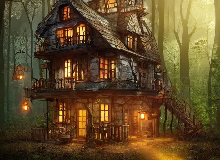 Prompt: house in a clearing in the middle of the forest, beautifully lit, steampunk, children book