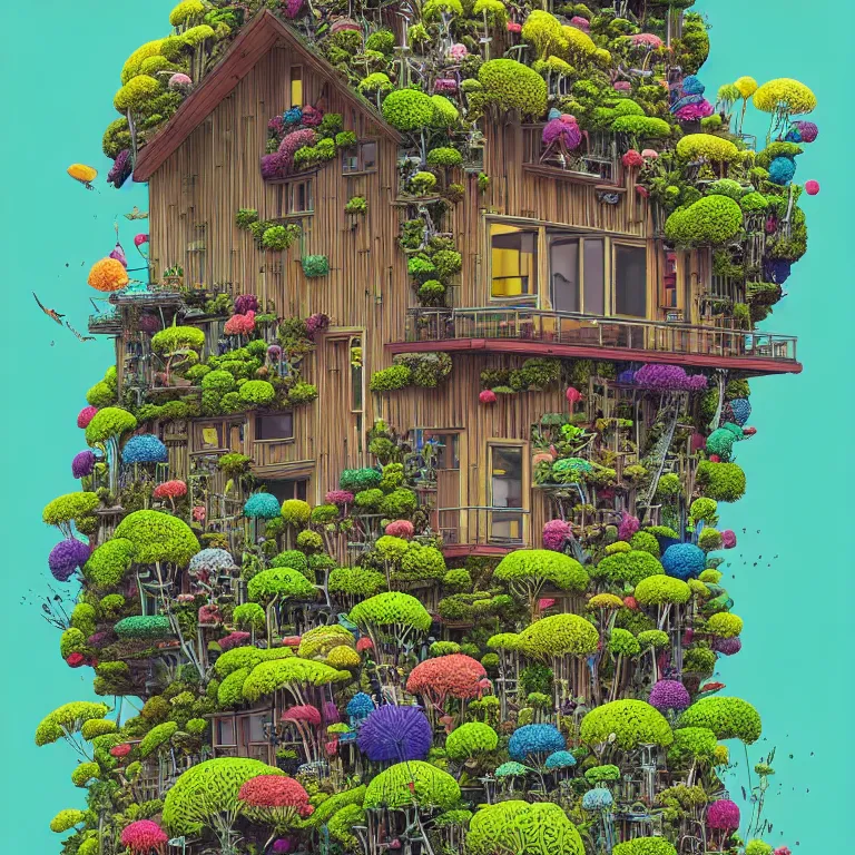 Prompt: tiny house by kengo kuma on island sea cloud surreal art by geof darrow jason naylor, very coherent, sharp, colorful high contrast, dark shadows, hard lighting, floralpunk flower green plants garden, inking etching screen print, hd, 8 k hyper detailed, octane render