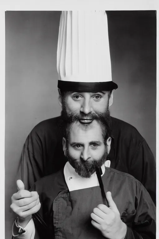 Image similar to A chef with a chef's hat taller than him, Ansel Adams