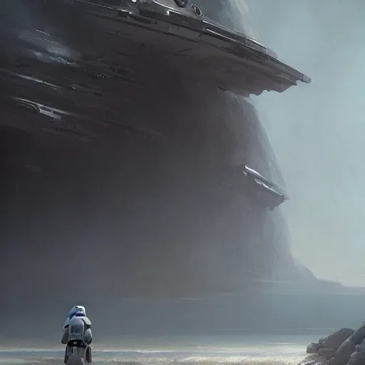 Image similar to star wars concept art by greg rutkowski, low shot a palatial and imposing grey wide rectangle emerging from the sea in the middle of a ocean landscape, enigmatic atmosphere, beautiful and cinematic lighting, artstation hq.