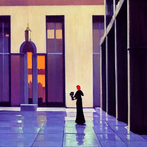 Image similar to action moment, beautiful woman portrait, courtyard, capital, cybermosque interior, control panel, watcher, omniscient, tech noir, wet reflections, impressionism, matte painting, speed painting, edward hopper, syd mead