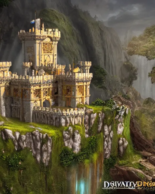 Prompt: a beautiful fantasy landscape of a large majestic castle adorned with gold linings and white marble walls from DND with lots of towers bridges and levels on top of a lush cliff with a huge waterfalls in the middle, ruins of structures at the bottom, afternoon light streaking with god rays, Dungeons and Dragons Castle, ornate, detailed, octane render, 8k, trending on artstation deviantart google images, pinterest, canon 35mm lens