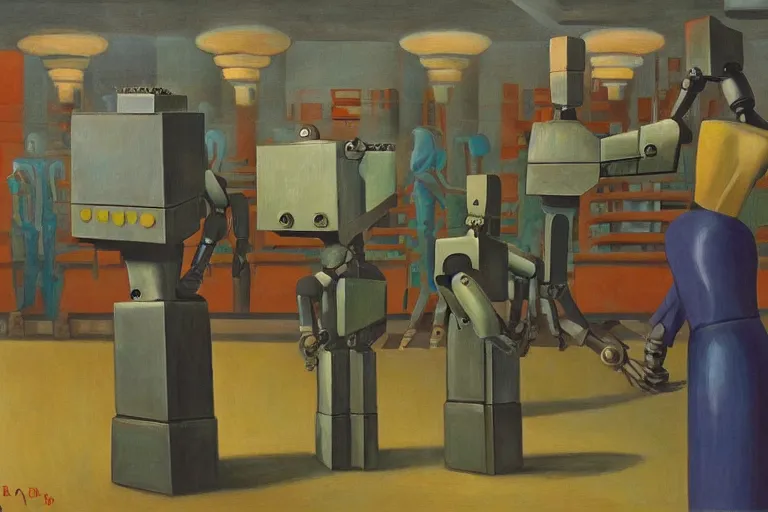 Image similar to drab slave human workers building robots, watched by fascist robots, brutalist factory, dystopian, pj crook, edward hopper, oil on canvas