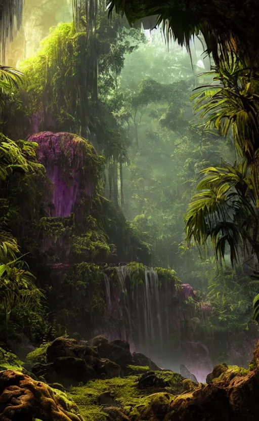 Prompt: a beautiful render of a dark prehistoric rainforest in a humongous cave, lush flora, patches of yellowish - magenta sky, sunset, floating mountains and a waterfall in the background, intricate detail, hazy, humid, volumetric lighting, 8 k, photorealistic, raytracing effects, unreal engine 5