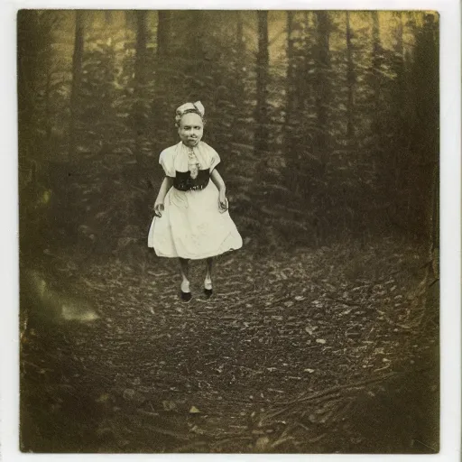 Prompt: Polaroid photo of Victorian child floating up in the air, in the clearing of a forest