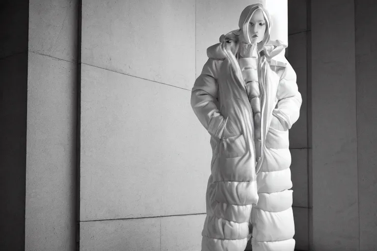 Image similar to well lit fashion shoot portrait of extremely beautiful female marble statue wearing huge over size puffer jacket by dingyun zhang, yeezy, balenciaga, vetements, a cold wall, sharp focus, clear, detailed,, cinematic, detailed, off white, glamourous, symmetrical, vogue, editorial, fashion, magazine shoot, glossy