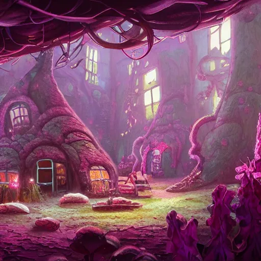 Prompt: concept art painting of a interior of a cozy alien fantasy cottage made of mushrooms and fungus, with black vines and magenta houseplants, realistic, detailed, cel shaded, dark, in the style of makoto shinkai and greg rutkowski and james gurney