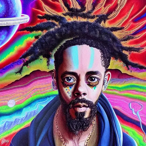 Image similar to a high hyper detailed painting with many complex textures of damian marley making music in the cosmos, cosmic surreal psychedelic magic realism spiritual ufo art