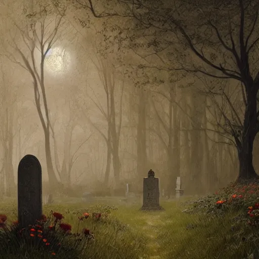 Image similar to The last spirit living in the cemetery, flowers, illustrated by Greg Rutkowski and Caspar David Friedrich