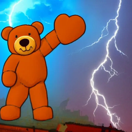 Image similar to a giant teddy ruxpin destroying a city, at night, hyperrealistic, rain and lightning