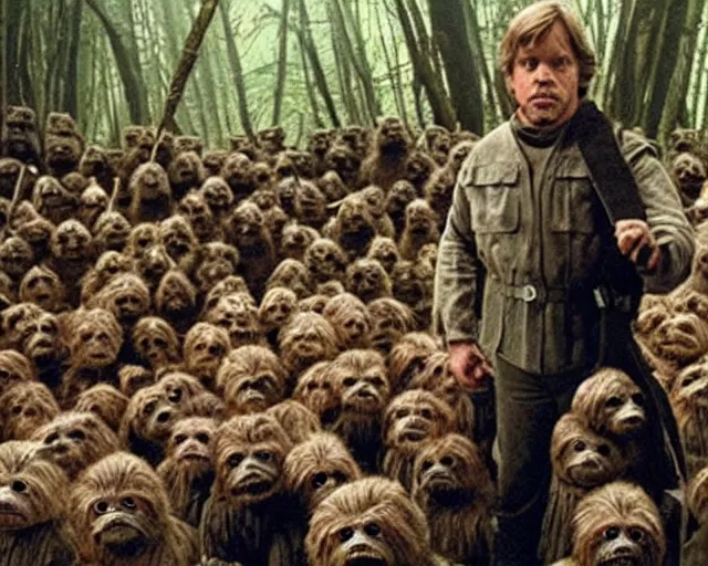 Image similar to Mark Hamill as Luke Skywalker with 10,100 adoring Ewoks.