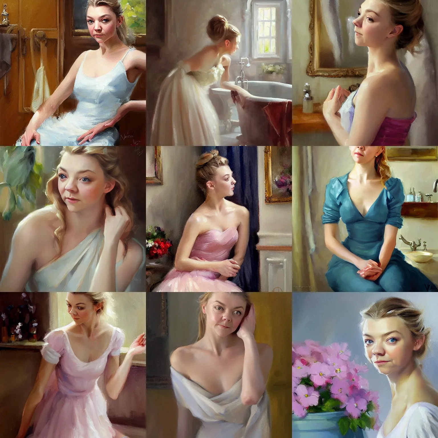 Prompt: Natalie Dormer blushing in the bathroom painting by Vladimir Volegov