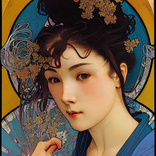 Prompt: realistic detailed face portrait of a beautiful young geisha by Alphonse Mucha, Greg Hildebrandt, and Mark Brooks, Art Nouveau, spirals, Neo-Gothic, gothic, Art Nouveau