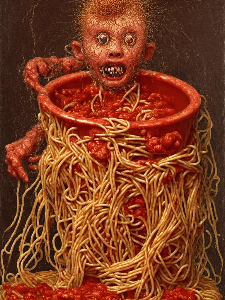 Image similar to a boy made of spaghetti sitting in a tub full of tomato sauce, looking straight into camera, screaming in desperation, by giuseppe arcimboldo and ambrosius benson, renaissance, intricate and intense oil paint, a touch of joseph cornell, beksinski and hr giger and edward munch, realistic