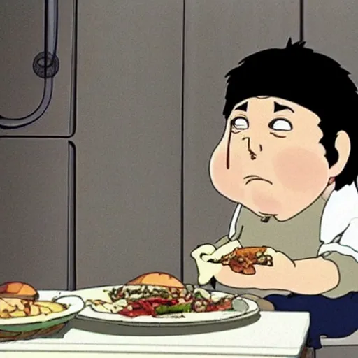 Image similar to Tony Soprano eating gabagool out of the fridge, style: (hayao miyazaki, studio ghibli)