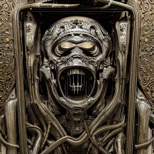 Prompt: 3 0 5 0 an embryo v 1 2 engine bas - relief dedigned by giger and otomo, in a baroque museum exhibit, intricate high details, sharp, ultradetailed