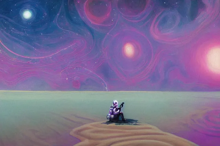 Prompt: surreal painting by chesley bonestelll!!, an astronaut sitting in the sand + a river + psychedelic vegetation + purple, pink, blue + planets and stars + mystic fog, 5 0's vintage sci - fi style, rule of third!!!!, line art, 8 k, super detailed, high quality