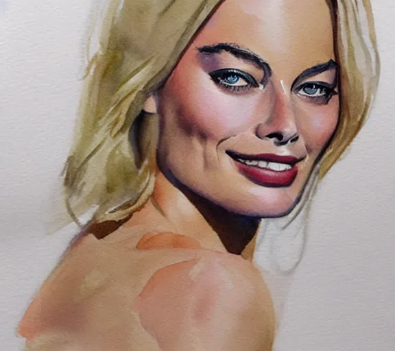 Prompt: A watercolor painting of margot robbie, trending on artstation