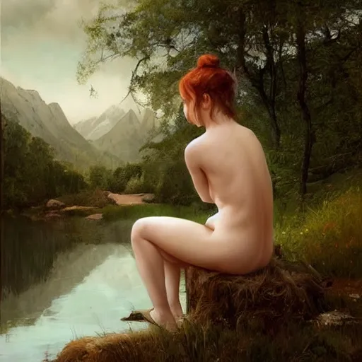 Prompt: Cute young Harpy, wearing medieval clothes, sad expression, sitting at a pond, mountainous area, trees in the background, oil painting, by Greg Rutkowski