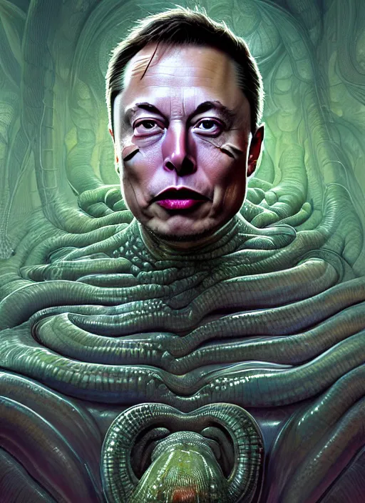 Image similar to elon musk as slimy mollusk character, drool, full length portrait!!!, intricate, elegant, highly detailed, digital painting, artstation, concept art, wallpaper, smooth, sharp focus, illustration, art by h. r. giger and artgerm and greg rutkowski and alphonse mucha