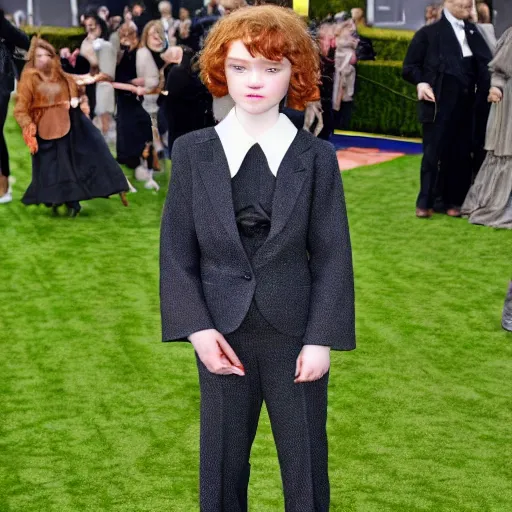 Prompt: daguerreotype ambrotype of sadie sink as a boy in oversized suit, highly detailed,