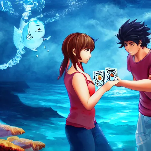 Image similar to aoi asahina and percy jackson playing go fish under the ocean, beautiful digital art