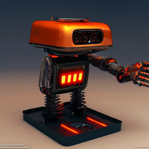 Image similar to terminator toaster oven robot, mechanical, machine, octane render, concept art, sharp focus, hyper - realistic, intricate, detailed, eduard pronin, luka mivsek, ruan jia, orange tint