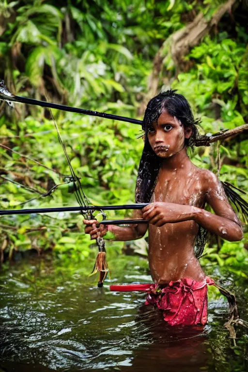 Prompt: a professional portrait photo of a sri lankan jungle girl, submerged in water, black hair, hunter, with bow and arrow, extremely high fidelity, natural lighting.