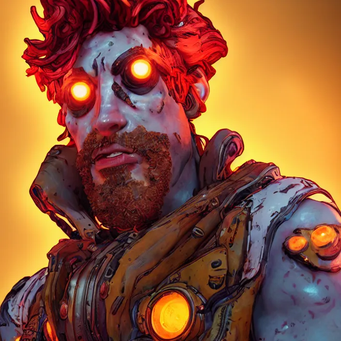 Prompt: glowwave portrait of curly orange hair man from borderlands 3, au naturel, hyper detailed, digital art, trending in artstation, cinematic lighting, studio quality, smooth render, unreal engine 5 rendered, octane rendered, art style by klimt and nixeu and ian sprigger and wlop and krenz cushart.