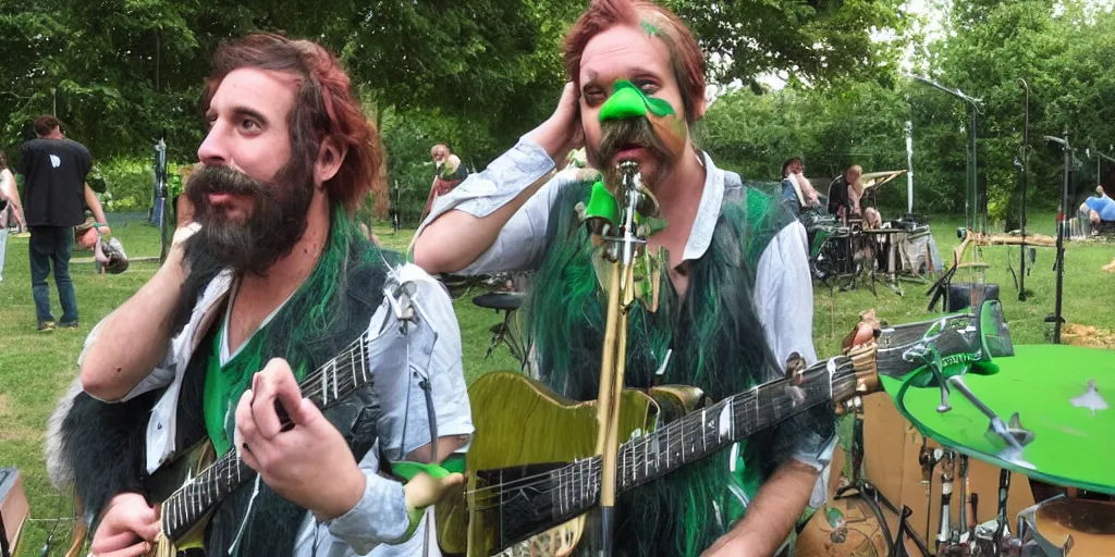 Image similar to a green-haired, funky, rustic, gentle metro dingo sound guy with a Salvador Dali moustache mixes a band in the park