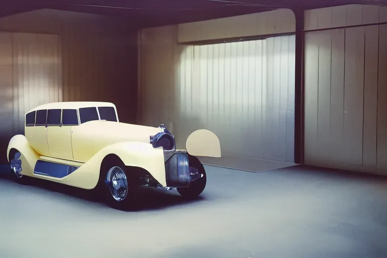 Image similar to single 2030 duesenberg model sj concept, inside of a minimalist Tokyo garage, ektachrome photograph, volumetric lighting, f8 aperture, cinematic Eastman 5384 film