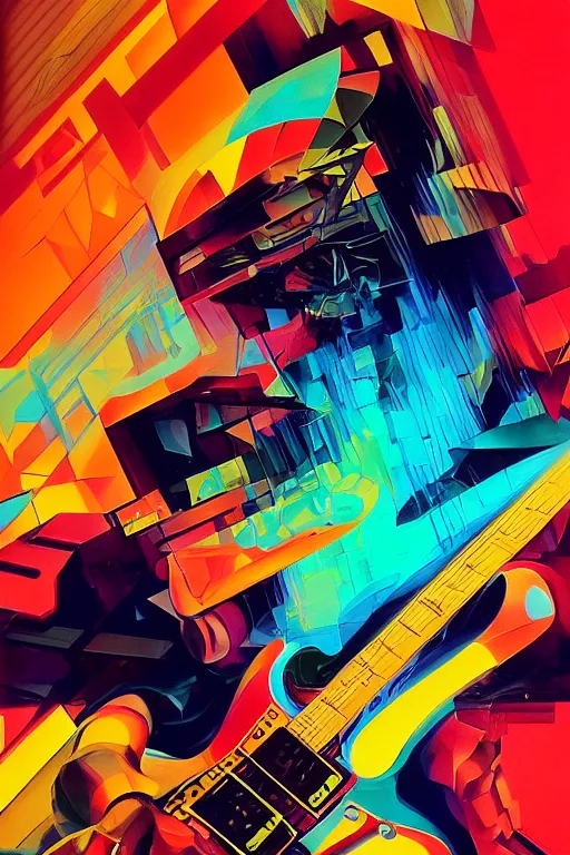 Prompt: wideangle action, portrait of a crazy guitarist, decoherence, synthwave, glitch!!, fracture, vortex, realistic, hyperdetailed, concept art, golden hour, art by syd mead, cubism