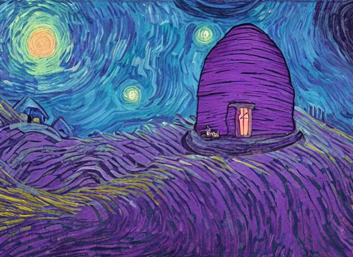 Prompt: detailed painting of a mysterious house inside a giant purple mushroom, mystical dark purple alien landscape at night, dark purple sky, blue bioluminescent life, in the style of studio ghibli and vincent van gogh and claude monet