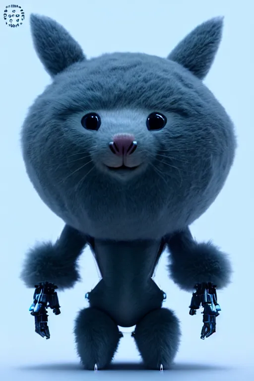 Image similar to high quality 3 d render sci - fi very cute mecha with head of fluffy! wombat!! dancing, highly detailed, unreal engine cinematic smooth, in the style of detective pikachu & blade runner, hannah yata charlie immer, dark blue neon light, low angle, uhd 8 k, sharp focus