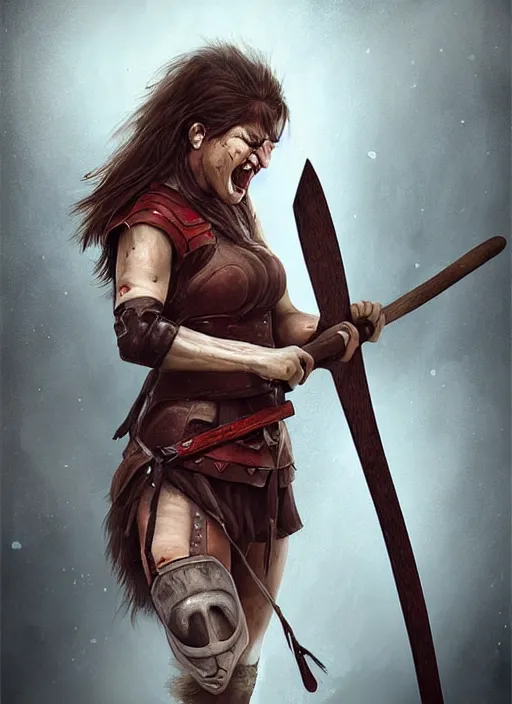 Prompt: woman warrior crying with angry striking her axe, trending on artstation