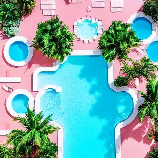 Image similar to aerial view of an elegant swimming pool, palm trees, kodak portra 4 0 0, vaporwave colors, faded effect, 9 0 s vibe, tropical vibe,