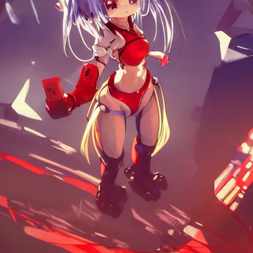 Image similar to digital anime art, wlop, rossdraws, sakimimichan, > > very small cute girl < < standing on a large wooden table, red mech arms + red mech legs,