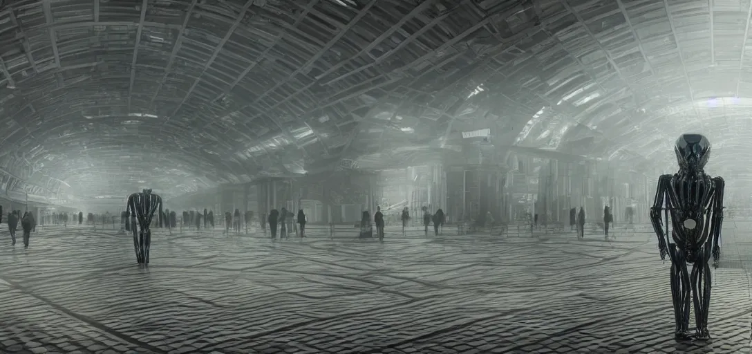 Image similar to a complex organic fractal 3 d metallic symbiotic ceramic humanoid megastructure creature in a train station, foggy, sun rays, cinematic shot, photo still from movie by denis villeneuve, wayne barlowe