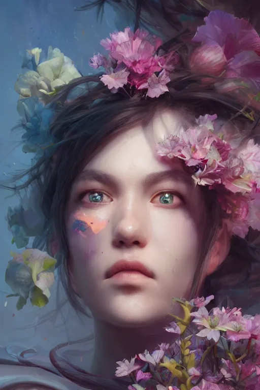 Prompt: face closeup of beautiful girl exploding into fractal, 3 d render, hyper realistic detailed portrait, holding magic flowers, ruan jia, wlop. scifi, fantasy, hyper detailed, octane render, concept art, by peter mohrbacher, by wlop, by ruan jia